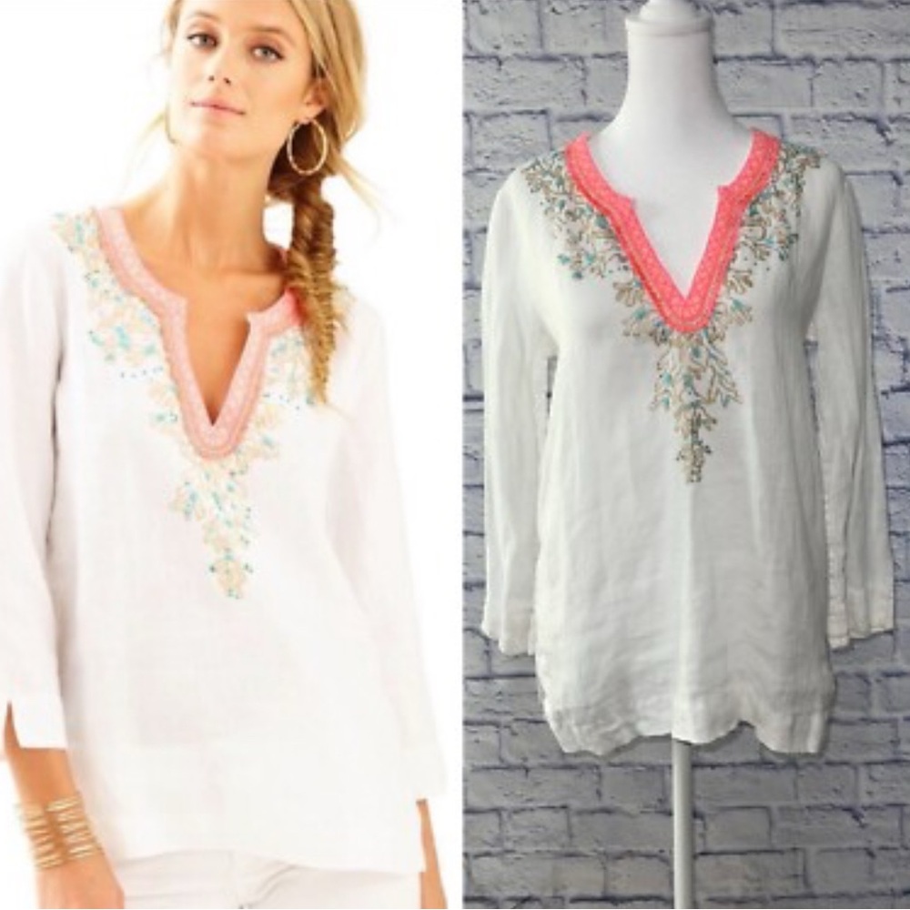 Lilly Pulitzer White Tunic with Pink Embroidery